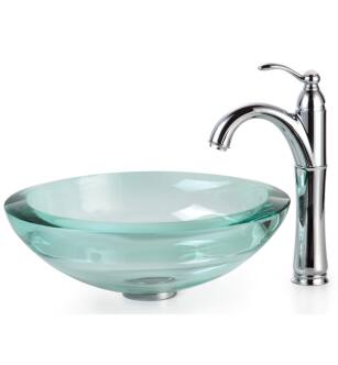 Kraus C-GV-150-19MM-1005SN Clear 17" Round Single Bowl Vessel Bathroom Sink with Riviera Faucet