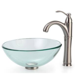 Kraus C-GV-101-14-12MM-1005SN Clear 14" Round Single Bowl Vessel Bathroom Sink with Riviera Faucet