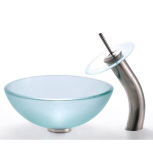 Kraus C-GV-101FR-14-12MM-10SN Frosted 14" Glass Round Single Bowl Vessel Bathroom Sink with Waterfall Faucet in Satin Nickel