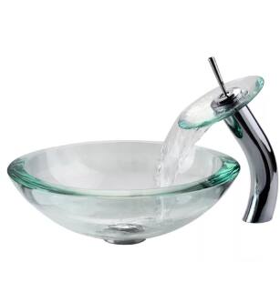 Kraus C-GV-150-19MM-10CH Clear 17" Round Single Bowl Vessel Bathroom Sink with Waterfall Faucet