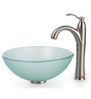 Kraus C-GV-101FR-14-12MM-1005SN Frosted 14" Glass Round Single Bowl Vessel Bathroom Sink with Riviera Faucet