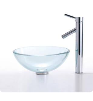 Kraus C-GV-101-14-12MM-1002CH Clear 14" Round Single Bowl Vessel Bathroom Sink with Sheven Faucet
