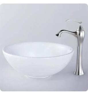 Kraus C-KCV-141-15000BN White Ceramic 15 3/4" Round Single Bowl Vessel Bathroom Sink with Ventus Brushed Nickel Faucet