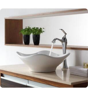 Kraus C-KCV-135-15000BN White Ceramic 15 1/2" Round Tulip Single Bowl Vessel Bathroom Sink with Ventus Brushed Nickel Faucet