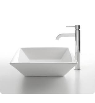 Kraus C-KCV-125-1007 White Ceramic 16" Square Single Bowl Vessel Bathroom Sink with Ramus Faucet