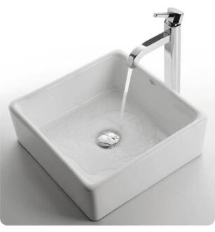 Kraus C-KCV-120-1007 White Ceramic 15" Square Single Bowl Vessel Bathroom Sink with Ramus Faucet