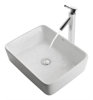 Kraus C-KCV-120-1002 White Ceramic 15" Square Single Bowl Vessel Bathroom Sink with Sheven Faucet