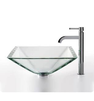 Kraus C-GVS-901-19MM-1007 Clear 16 1/2" Square Single Bowl Vessel Bathroom Sink with Ramus Faucet