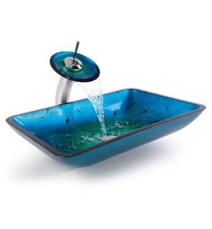 Kraus C-GVR-204-RE-10 Galaxy Blue 21 7/8" Irruption Glass Rectangular Single Bowl Vessel Sink with Waterfall Faucet