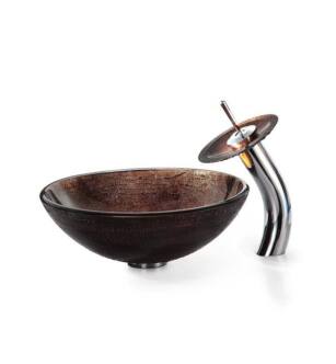 Kraus C-GV-580-12MM-10 Copper 17" Illusion Glass Round Single Bowl Vessel Bathroom Sink with Waterfall Faucet