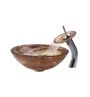 Kraus C-GV-651-12MM-10 Copper 17" Ares Glass Round Single Bowl Vessel Sink with Waterfall Faucet