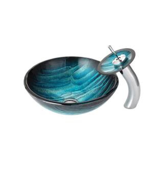Kraus C-GV-399-19MM-10 Nature 17" Ladon Glass Round Single Bowl Vessel Bathroom Sink with Waterfall Faucet