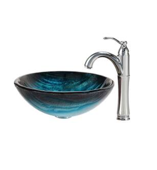 Kraus C-GV-399-19MM-1005 Nature 17" Ladon Glass Round Single Bowl Vessel Bathroom Sink with Riviera Faucet