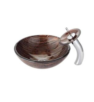 Kraus C-GV-398-19MM-10 Nature 17" Gaia Glass Round Single Bowl Vessel Bathroom Sink with Waterfall Faucet