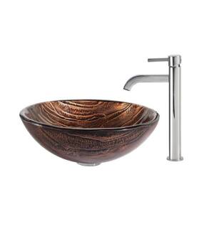 Kraus C-GV-398-19MM-1007 Nature 17" Gaia Glass Round Single Bowl Vessel Bathroom Sink with Ramus Faucet