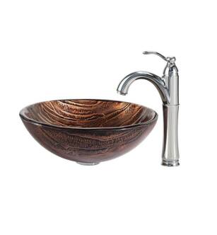 Kraus C-GV-398-19MM-1005 Nature 17" Gaia Glass Round Single Bowl Vessel Bathroom Sink with Riviera Faucet