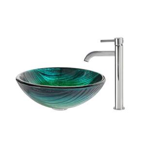 Kraus C-GV-391-19MM-1007 Nature 17" Nei Glass Round Single Bowl Vessel Bathroom Sink with Ramus Faucet