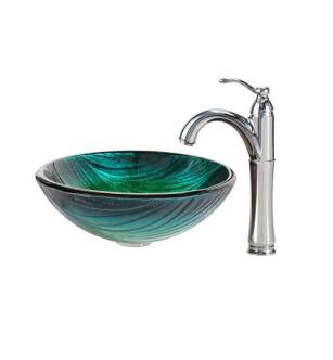 Kraus C-GV-391-19MM-1005 Nature 17" Nei Glass Round Single Bowl Vessel Bathroom Sink with Riviera Faucet
