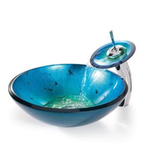 Kraus C-GV-204-12MM-10 Galaxy Blue 17" Irruption Glass Round Single Bowl Vessel Bathroom Sink with Waterfall Faucet
