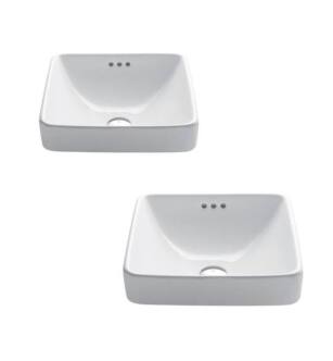 Kraus KCR-281-2PK Elavo Square Semi-Recessed Vessel White Porcelain Ceramic Bathroom Sink with Overflow, 16 1/2 inch (2-Pack)