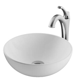 Kraus C-KCV-341-1200 Elavo 13 3/4" Round White Bathroom Vessel Sink with Arlo Vessel Faucet and Pop-Up Drain