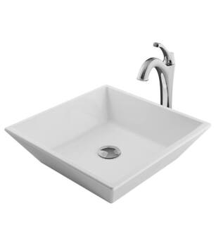 Kraus C-KCV-125-1200 Elavo 16" Square White Bathroom Vessel Sink with Arlo Vessel Faucet and Pop-Up Drain