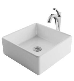 Kraus C-KCV-120-1200 Elavo 15" Square White Bathroom Vessel Sink with Arlo Vessel Faucet and Pop-up Drain