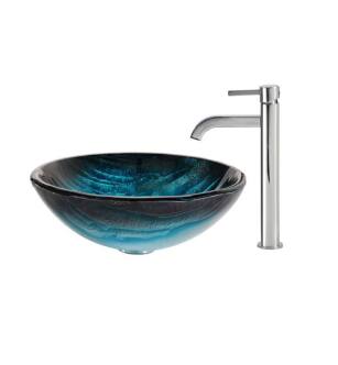 Kraus C-GV-399-19MM-1007 Nature 17" Ladon Glass Round Single Bowl Vessel Bathroom Sink with Ramus Faucet