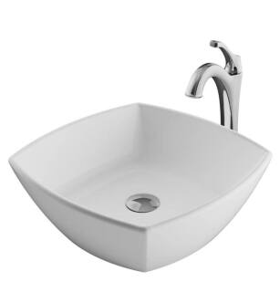 Kraus C-KCV-126-1200 Elavo 16 1/2" Square White Bathroom Vessel Sink with Arlo Vessel Faucet and Pop-Up Drain