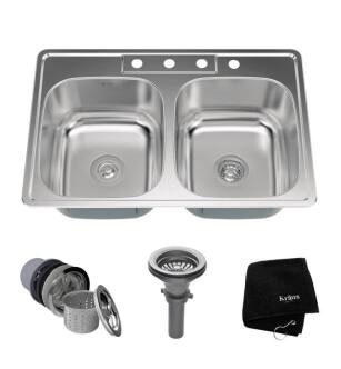 Kraus KTM33 33 1/8" Double Bowl Drop-In Stainless Steel Rectangular Kitchen Sink