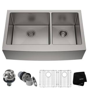 Kraus KHF203-33 32 7/8" Double Bowl Farmhouse/Apron Front Stainless Steel Rectangular Kitchen Sink