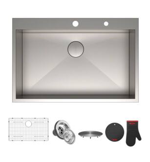 Kraus KP1TS33S-2 Pax 33" Single Bowl Drop-In Stainless Steel Rectangular Kitchen Sink in Satin Nickel with Two Pre-Drilled Holes