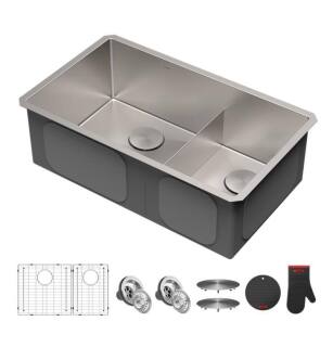 Kraus KHU103-32 Standart Pro 32" Double Bowl Undermount Stainless Steel Rectangular Kitchen Sink in Satin