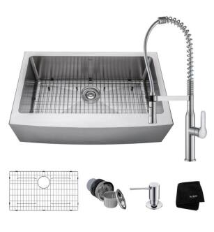 Kraus KHF200-33-1650-41CH 32 7/8" Single Bowl Farmhouse/Apron Front Stainless Steel Kitchen Sink with Pull-Down Kitchen Faucet and Soap Dispenser in Chrome