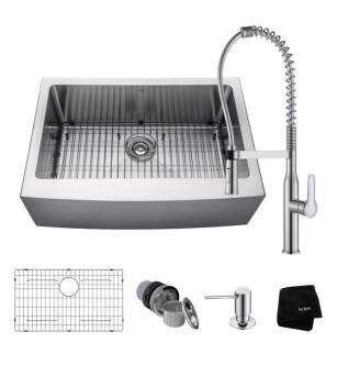 Kraus KHF200-30-1650-41CH 29 3/4" Single Bowl Farmhouse/Apron Front Stainless Steel Kitchen Sink with Pull-Down Kitchen Faucet and Soap Dispenser in Chrome