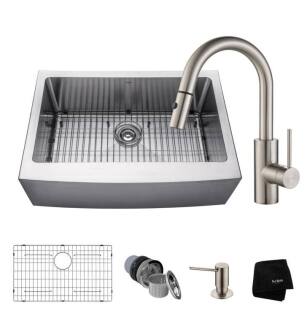 Kraus KHF200-30-2620-41SS 29 3/4" Single Bowl Farmhouse/Apron Front Stainless Steel Kitchen Sink with Pull-Down Kitchen Faucet and Soap Dispenser