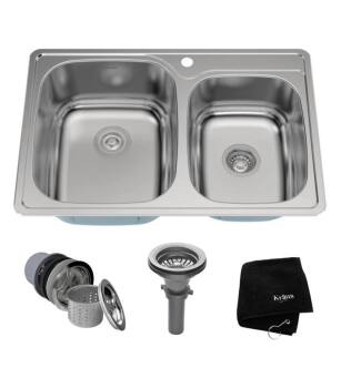 Kraus KTM32 33 1/8" Double Bowl Drop-In Stainless Steel Rectangular Kitchen Sink