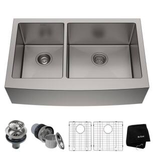 Kraus KHF204-33 32 7/8" Double Bowl Farmhouse/Apron Front Stainless Steel Rectangular Kitchen Sink