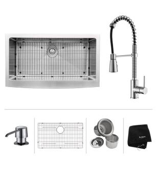 Kraus KHF200-36-KPF1612-KSD30 35 7/8" Single Bowl Farmhouse Stainless Steel Kitchen Sink with Commercial Style Kitchen Faucet and Soap Dispenser