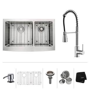 Kraus KHF203-33-KPF1612-KSD30 32 7/8" Double Bowl Farmhouse Stainless Steel Kitchen Sink with Commercial Style Kitchen Faucet and Soap Dispenser