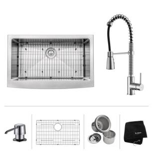 Kraus KHF200-33-KPF1612-KSD30 32 7/8" Single Bowl Farmhouse Stainless Steel Kitchen Sink with Commercial Style Kitchen Faucet and Soap Dispenser