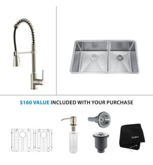 Kraus KHU103-33-KPF1612-KSD30 32 3/4" Double Bowl Undermount Stainless Steel Kitchen Sink with Commercial Style Kitchen Faucet and Soap Dispenser