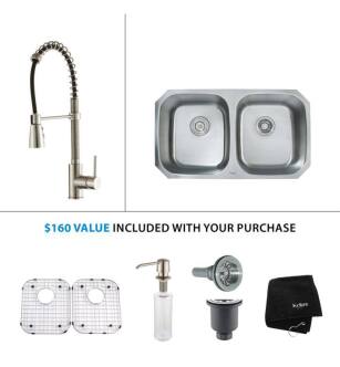 Kraus KBU22-KPF1612-KSD30 32 1/4" Double Bowl Undermount Stainless Steel Kitchen Sink with Commercial Style Kitchen Faucet and Soap Dispenser
