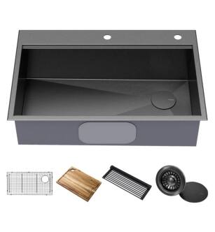 Kraus KWT310-33-PGM Kore Workstation 33” Topmount Drop-In 16 Gauge Stainless Steel Single Bowl Kitchen Sink in PVD Gunmetal Finish with Accessories