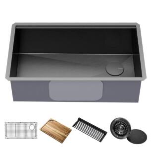 Kraus KWU110-32-PGM Kore 32" Undermount 16 Gauge Stainless Steel Single Bowl Kitchen Sink in PVD Gunmetal Finish with Accessories