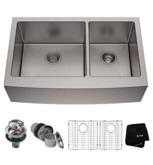 Kraus KHF203-33-1610-53 Standart Pro 32 7/8" Double Bowl Stainless Steel Farmhouse Kitchen Sink with Bolden Pull-Down Kitchen Faucet and Soap Dispenser