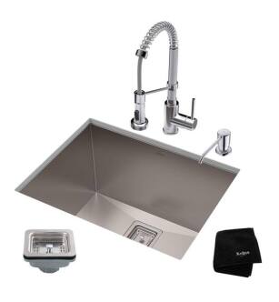 Kraus KHU24L-1610-53 Pax 24" Single Bowl Undermount Stainless Steel Laundry Utility Sink with Pull Down Kitchen Faucet and Soap Dispenser