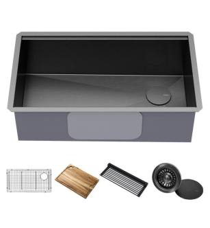 Kraus KWU110-32/PGM Kore 32" Undermount Single Basin Stainless Steel Kitchen Sink With Basin Rack, Basket Strainer, Cutting Board, And Drain Board in Gunmetal