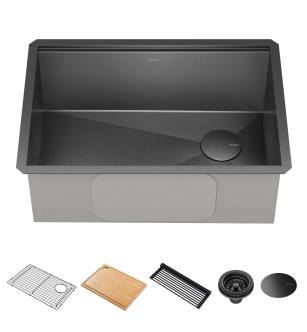 Kraus KWU110-27-PGM Kore 27" Undermount Single Basin Stainless Steel Kitchen Sink - Basin Rack, Strainer, Cutting Board, And Drainboard Included in Gunmetal