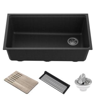 Kraus KGUW2-33MBL Bellucci 32" Undermount Single Basin Granite Composite Kitchen Sink With Basket Strainer, Cutting Board, And Drain Board in Metallic Black